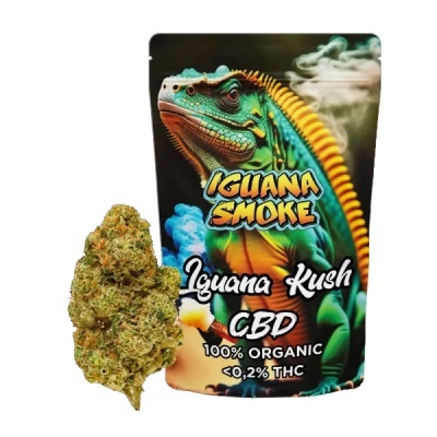 Embalagem colorida de produto Iguana Smoke com ilustração de iguana e flor de cannabis ao lado