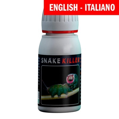 Frasco plástico branco com rótulo SNAKE KILLER e imagem de lagarta verde