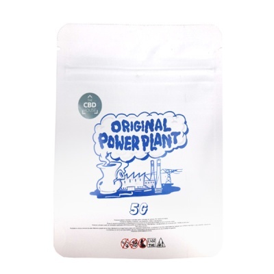 Embalagem branca fecho zip com texto e desenho azul de fábrica