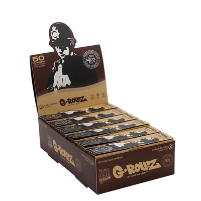 Caixa de papelotes G-Rollz Amsterdam castanha e preta com texto e imagem preta de polícia