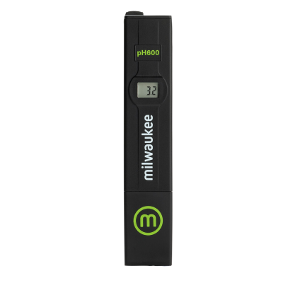 Medidor digital de pH preto com detalhes verdes e brancos
