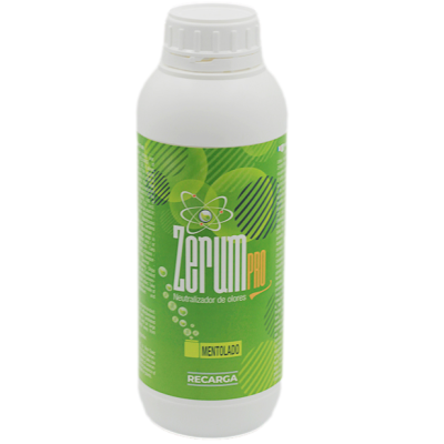 Frasco branco com rótulo verde Zerum Pro neutralizador de odores mentolado