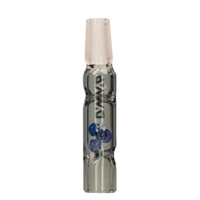 Piteira de vidro transparente com detalhe azul e texto DYNAVAP