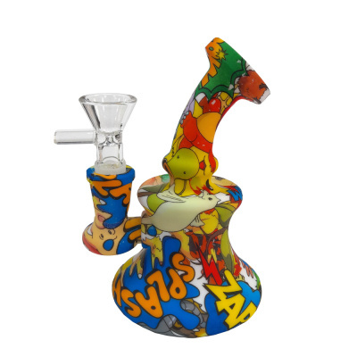 Bong colorido em vidro e silicone com desenhos e texto