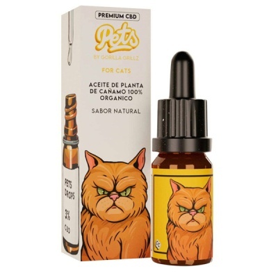 Frasco e embalagem de óleo CBD para gatos com ilustração de gato laranja zangado