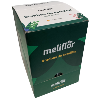 Caixa de meliflor Bombas de semillas com gráficos de folhas e flores.