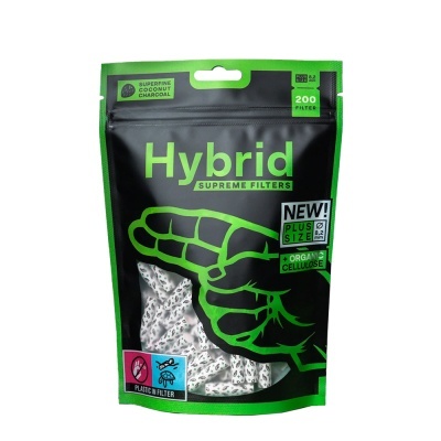 Embalagem de filtros Hybrid Supreme Filters preta e verde com texto e imagem de filtro branco visível.