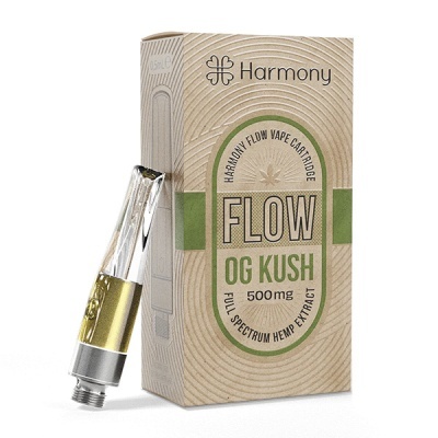 Cartucho de vape Harmony FLOW OG KUSH 500mg com embalagem bege e detalhes verdes
