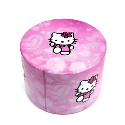 Caixa redonda rosa com ilustrações da Hello Kitty