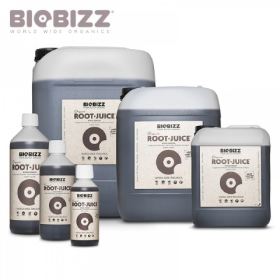Cinco recipientes de BIOBIZZ ROOT-JUICE com rótulos bege e preto