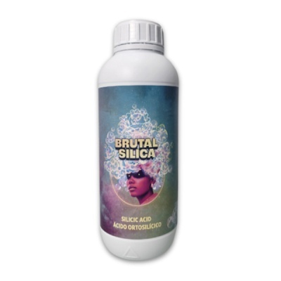 Frasco branco de plástico com rótulo colorido e texto BRUTAL SILICA ácido ortosilícico