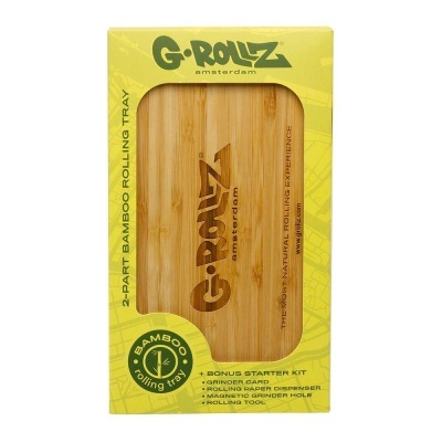 tabuleiro para enrolar em bambu G-ROLLZ em embalagem amarela com texto e logotipo