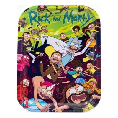 Prato de festa retangular com personagens da série Rick and Morty em fundo espacial