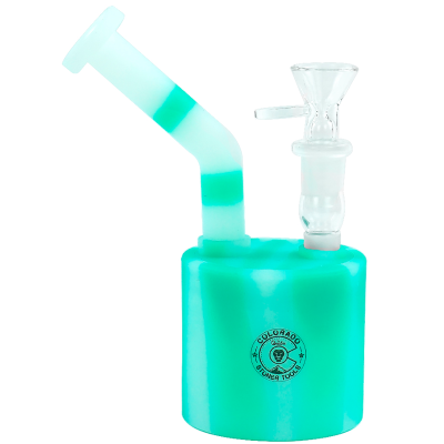 Bong azul-turquesa com bocal inclinado e peça de vidro transparente