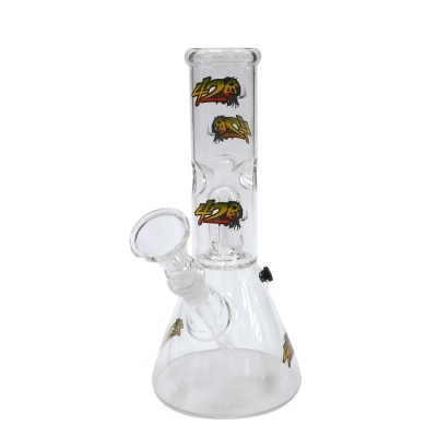 Bong de vidro transparente com logotipos coloridos 420 e rosto estilizado