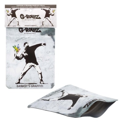 Sacos reutilizáveis G-Rollz com design Banksy graffiti e flores coloridas