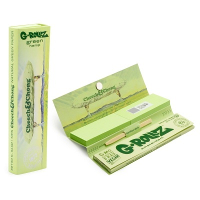 Papel de enrolar G-Rollz Green Hemp verde com embalagem e palito de bambu