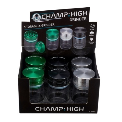 Moedores CHAMP:HIGH em exposição com tampas coloridas e partes transparentes