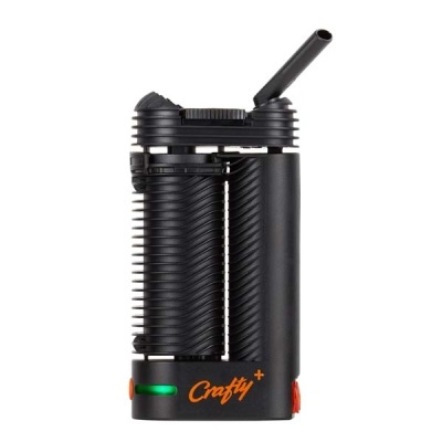 Vaporizador portátil preto com textura estriada e detalhes em laranja