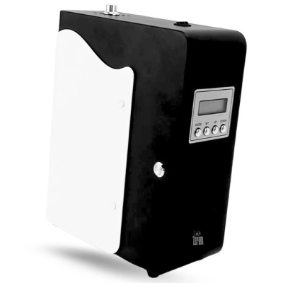 Dispositivo preto com painel lateral branco e ecrã digital com botões