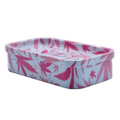 Tabuleiro metálico rectangular com padrão de folhas rosa e texto GRAVITY
