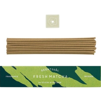 Conjunto de incenso Fresh Matcha com 30 varetas, suporte branco e embalagem verde