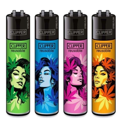 Conjunto de quatro isqueiros reutilizáveis Clipper coloridos com ilustrações femininas e folhas