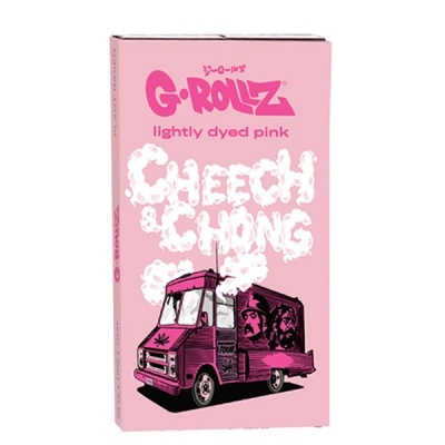 Embalagem rosa G-ROLLZ com ilustração de carrinha e texto CHEECH & CHONG em fumo