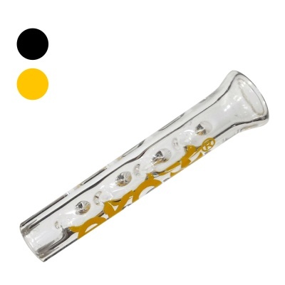 Piteira de vidro transparente com texto amarelo e bolhas internas.