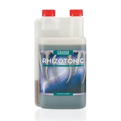 Frasco plástico branco com rótulo CANNA RHIZOTONIC e tampas vermelhas.