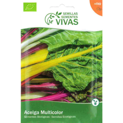 Pacote de sementes para acelga multicolor com folhas verdes e caules coloridos
