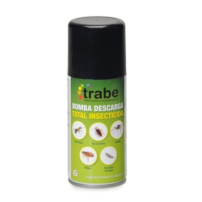 Frasco spray insecticida verde e preto com imagens de insetos e texto em espanhol