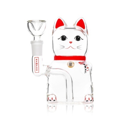 Bong de vidro transparente com formato de gato e detalhes vermelhos