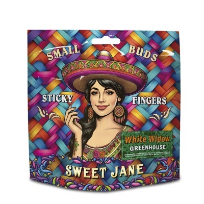 Embalagem colorida com figura feminina e texto promocional