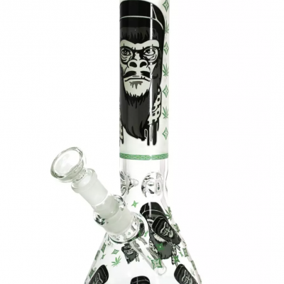 Bong de vidro com desenho de gorila e folhas de cannabis em preto e verde