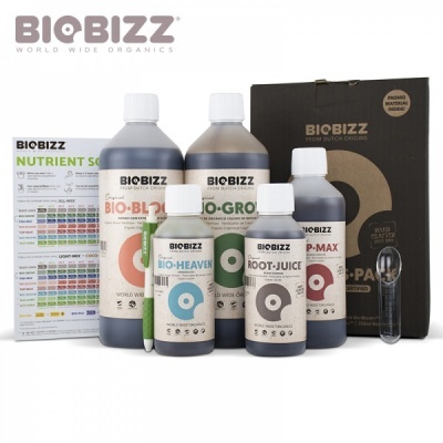 Conjunto de produtos BioBizz com várias garrafas e embalagem para cultivo orgânico