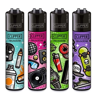 Quatro isqueiros Clipper reutilizáveis com ilustrações coloridas e pop art