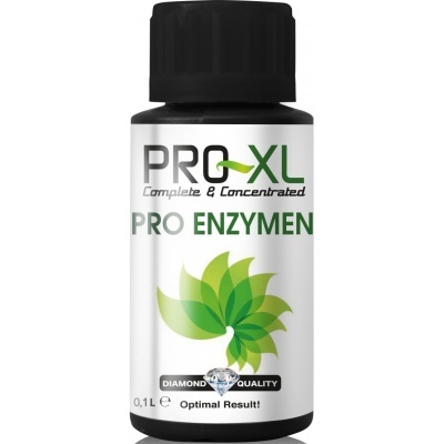 Frasco preto com rótulo branco e verde com texto PRO-XL Complete & Concentrated PRO ENZYMEN