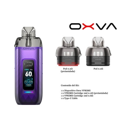 Dispositivo de vape OXVA VPRIME roxo com ecrã digital e dois pods transparentes e pretos