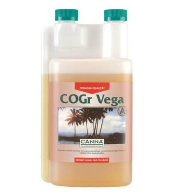 Frasco de líquido COGr Vega com rótulo rosa e verde e imagem de palmeiras