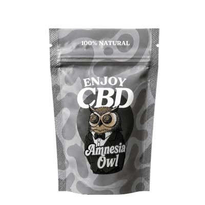 Embalagem cinzenta com ilustração de coruja e texto de produto CBD
