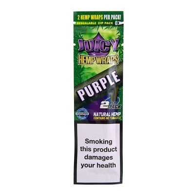 Embalagem verde e roxa de papel para enrolar Juicy Hemp Wraps Purple com aviso de saúde