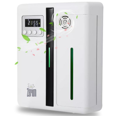 Equipamento branco com visor digital, botões e texto Zerum