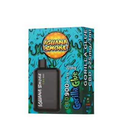 Produto vape preto e embalagem azul com texto Iguana Smoke e Gorilla Glue CBD