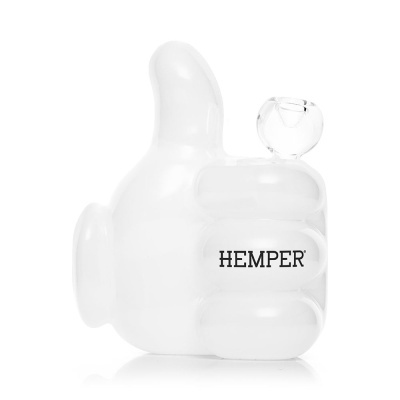 Bong de vidro branco fosco com a marca HEMPER no centro
