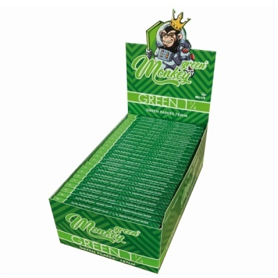 Caixa verde com múltiplos maços de papel para enrolar tabaco Monkey green