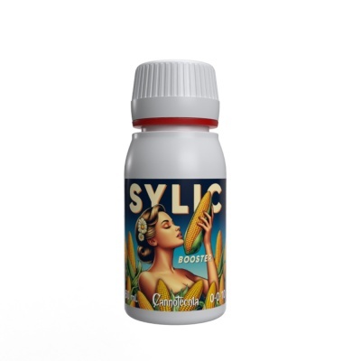 Frasco branco de 60 ml com rótulo colorido mostrando a marca SYLIC BOOSTER e uma mulher com milho