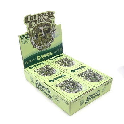 Caixa aberta de papelotes Cheech & Chong G-Rollz verde claro com imagens e texto