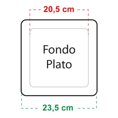 Prato de fundo quadrado com dimensões e texto Fondo Plato