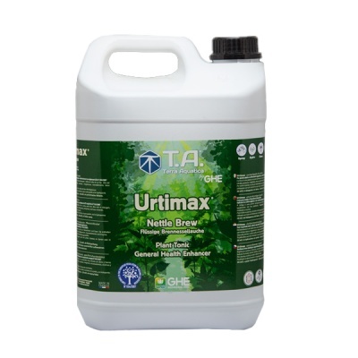 Recipiente plástico branco com etiqueta verde e tampa preta contendo Urtimax T.A. Terra Aquatica by GHE.